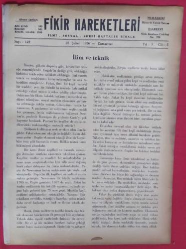 Fikir Hareketleri İlmi Sosyal Edebi Haftalık Risale Sayı 122 (22 Şubat 1936)