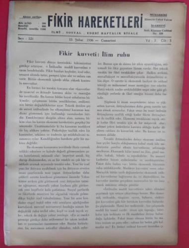 Fikir Hareketleri İlmi Sosyal Edebi Haftalık Risale Sayı 121 (15 Şubat 1936)