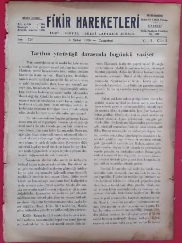 Fikir Hareketleri İlmi Sosyal Edebi Haftalık Risale Sayı 120 (8 Şubat 1936)