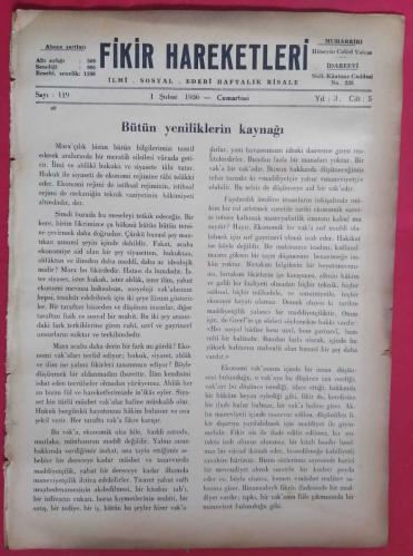 Fikir Hareketleri İlmi Sosyal Edebi Haftalık Risale Sayı 119 (1 Şubat 1936)