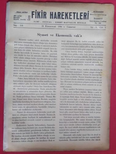 Fikir Hareketleri İlmi Sosyal Edebi Haftalık Risale Sayı 118 (25 Kanunusani 1936)