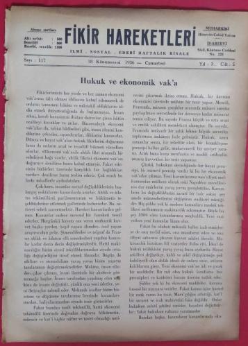 Fikir Hareketleri İlmi Sosyal Edebi Haftalık Risale Sayı 117 (18 Kanunusani 1936)