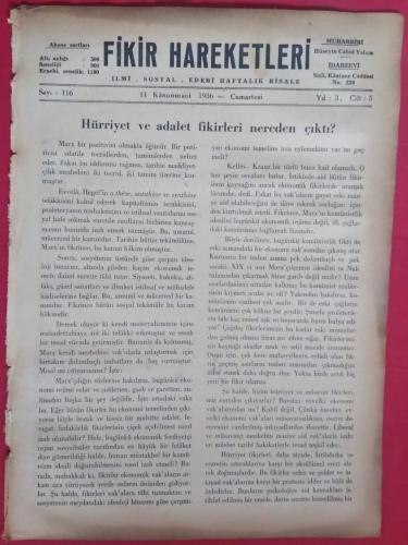 Fikir Hareketleri İlmi Sosyal Edebi Haftalık Risale Sayı 116 (11 Kanunusani 1936)
