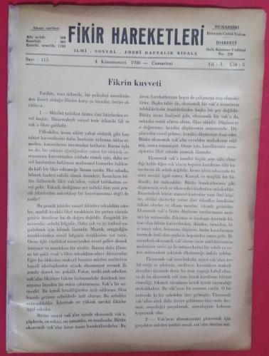 Fikir Hareketleri İlmi Sosyal Edebi Haftalık Risale Sayı 115 (4 Kanunusani 1936)