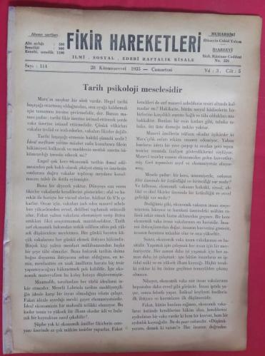 Fikir Hareketleri İlmi Sosyal Edebi Haftalık Risale Sayı 114 (28 Kanunuevvel 1935)