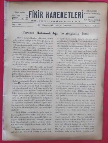Fikir Hareketleri İlmi Sosyal Edebi Haftalık Risale Sayı 113 (21 Kanunuevvel 1935)