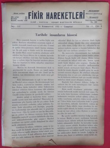 Fikir Hareketleri İlmi Sosyal Edebi Haftalık Risale Sayı 112 (14 Kanunuevvel 1935)