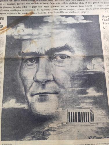 Dünya Gazetesi - Turkish Newspaper - 10 Kasım 1953 - Sen ölmezsin Atatürk - Atatürk ve Anıtkabir karakalem çizen Althan Enson - Herkes Atatürk'ü anıyor - bugün Atatürk için yapılacak törenler - Atatürk'ün tabutuna refakat edecek Generaller - Ey Türk gençliği - yılan hikayesi yazan Samim Kocagöz - Atatürk'ün ideolojisi yazan Behçet Cemal - niçin ölmedi yazan doçent Doktor Cihat Abaoğlu - Kurbağalıdere köprüsü'nün tamiri - milli hisleri ayaklar altına alan gazete yeni sabah Fotoğrafı - Moskova afişleri İzmir'de dün parça parça edildi - İran'da Musaddık af talep etmiyor - Atatürk yazan Bedii Faik - sahne sanatkarı Ayten Çankaya Puro tuvalet sabunu kullanıyor - Garp cephesinde yeni bir şey yok yazan Erich Marie Remarque  resimleyen Althan Enson - Atatürk'ün tabutu açılıyor - Toptaşı cezaevinden Anıtkabir için bir bayrak hazırlandı -  Milli Türk Talebe Birliğinin Atatürk için beyannamesi - komünizm programı yaptığı öne sürülen öğretmen İlhan Berk - 10 Kasım 1938
