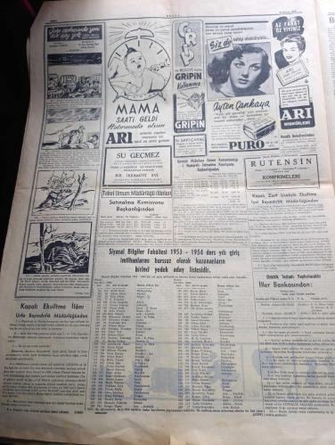 Dünya Gazetesi - Turkish Newspaper - 10 Kasım 1953 - Sen ölmezsin Atatürk - Atatürk ve Anıtkabir karakalem çizen Althan Enson - Herkes Atatürk'ü anıyor - bugün Atatürk için yapılacak törenler - Atatürk'ün tabutuna refakat edecek Generaller - Ey Türk gençliği - yılan hikayesi yazan Samim Kocagöz - Atatürk'ün ideolojisi yazan Behçet Cemal - niçin ölmedi yazan doçent Doktor Cihat Abaoğlu - Kurbağalıdere köprüsü'nün tamiri - milli hisleri ayaklar altına alan gazete yeni sabah Fotoğrafı - Moskova afişleri İzmir'de dün parça parça edildi - İran'da Musaddık af talep etmiyor - Atatürk yazan Bedii Faik - sahne sanatkarı Ayten Çankaya Puro tuvalet sabunu kullanıyor - Garp cephesinde yeni bir şey yok yazan Erich Marie Remarque  resimleyen Althan Enson - Atatürk'ün tabutu açılıyor - Toptaşı cezaevinden Anıtkabir için bir bayrak hazırlandı -  Milli Türk Talebe Birliğinin Atatürk için beyannamesi - komünizm programı yaptığı öne sürülen öğretmen İlhan Berk - 10 Kasım 1938