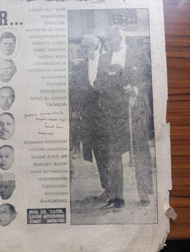 Milliyet Gazetesi - Turkish Newspaper - 10 Kasım 1963 - Atatürk ve onun için ağlayan bir genç çizen Nezih - bütün dünya Atatürk'ü anıyor - Amerika Cumhurbaşkanı Kennedy Batı Almanya başbakanı Erhard İngiltere başbakanı Home Pakistan Cumhurbaşkanı Eyüp Han Tunus cumhurbaşkanı Burgiba Hindistan başbakanı Nehru emekli Orgeneral Mac Arthur Atatürk hakkında düşünceleri - Türkiye Milli Talebe Federasyonu temsilcileri İsmet inönü'ye Atatürk ile olan fotoğrafını gösterip duygularını yazmasını istediler fotoğraf - Aziz Atatürk yazan İsmet İnönü - 10 Kasım 1938 - İstanbul Atatürk'ü böyle uğurlamıştı böyle ağladık böyle yandık fotoğraf - Atatürkçülük ve içyüzü yazan Çetin Altan - Kemal Satır Ragıp Gümüşpala'ya cevap verdi - Burhan Apaydın Ragıp Gümüşpala'ya hücum etti - aşk anahtarı oyunu Aziz Basmacı Kenan Büke Ve Sadettin Erbil Bulvar tiyatrosu fındıkzade'de - Galatasaray yarın Zürih'e gidiyor - Beşiktaş PTT'ye 1 puan verdi fotoğraf - milliyet resimli kısa haberler - 10 Kasım 1938