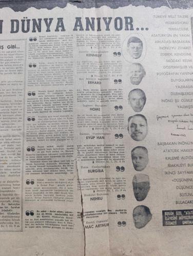 Milliyet Gazetesi - Turkish Newspaper - 10 Kasım 1963 - Atatürk ve onun için ağlayan bir genç çizen Nezih - bütün dünya Atatürk'ü anıyor - Amerika Cumhurbaşkanı Kennedy Batı Almanya başbakanı Erhard İngiltere başbakanı Home Pakistan Cumhurbaşkanı Eyüp Han Tunus cumhurbaşkanı Burgiba Hindistan başbakanı Nehru emekli Orgeneral Mac Arthur Atatürk hakkında düşünceleri - Türkiye Milli Talebe Federasyonu temsilcileri İsmet inönü'ye Atatürk ile olan fotoğrafını gösterip duygularını yazmasını istediler fotoğraf - Aziz Atatürk yazan İsmet İnönü - 10 Kasım 1938 - İstanbul Atatürk'ü böyle uğurlamıştı böyle ağladık böyle yandık fotoğraf - Atatürkçülük ve içyüzü yazan Çetin Altan - Kemal Satır Ragıp Gümüşpala'ya cevap verdi - Burhan Apaydın Ragıp Gümüşpala'ya hücum etti - aşk anahtarı oyunu Aziz Basmacı Kenan Büke Ve Sadettin Erbil Bulvar tiyatrosu fındıkzade'de - Galatasaray yarın Zürih'e gidiyor - Beşiktaş PTT'ye 1 puan verdi fotoğraf - milliyet resimli kısa haberler - 10 Kasım 1938