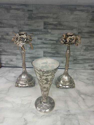 Zarafetin Zirvesi Avrupa Vintage Gümüş Kaplama Vazo ve Şamdan Takımı