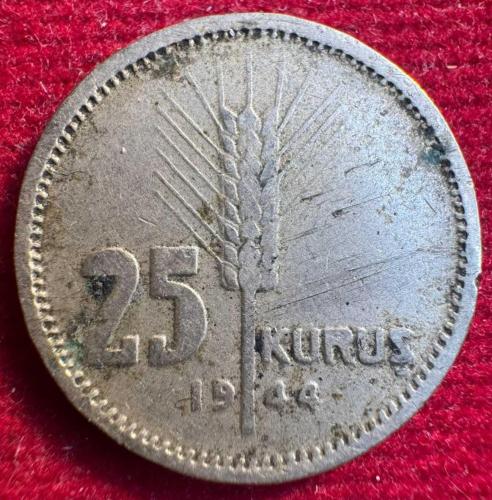 TÜRKİYE CUMHURİYETİ TEDAVÜL EDEN MADENİ PARALAR.. 1944 25 KURUŞ