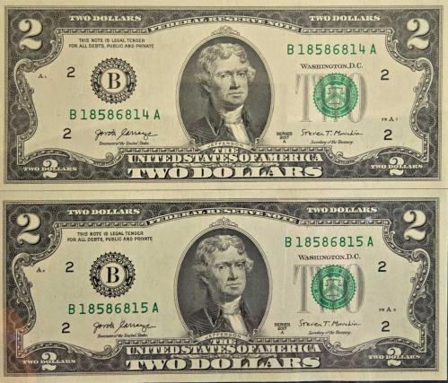 Amerika Birleşik Devletleri (ABD) 2 Dolar Banknot Çifti - Seri Takipli - Seri 2017 A (ÇİL)