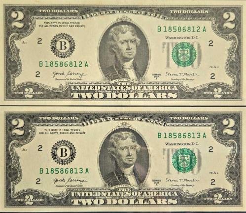 Amerika Birleşik Devletleri (ABD) 2 Dolar Banknot Çifti - Seri Takipli - Seri 2017 A (ÇİL)