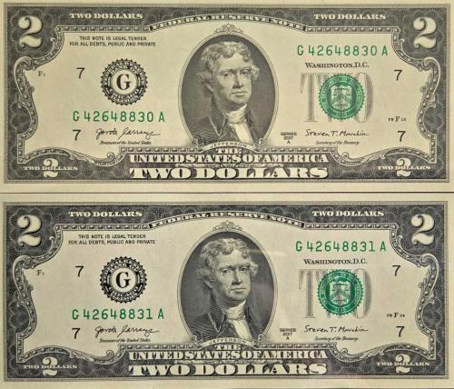 Amerika Birleşik Devletleri (ABD) 2 Dolar Banknot Çifti - Seri Takipli - Seri 2017 A (ÇİL)