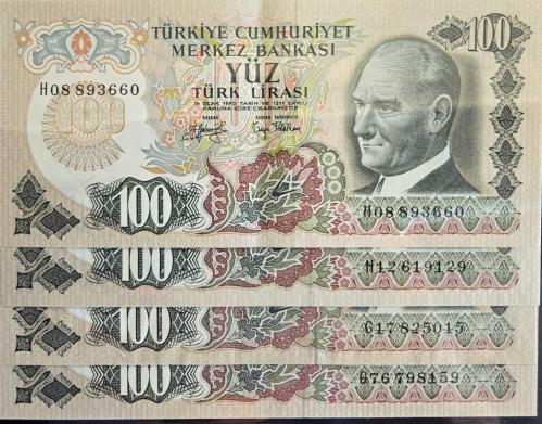 6. Emisyon 100 Türk Lirası - Farklı Seri Grupları 4 Adet - (ÇÇT)