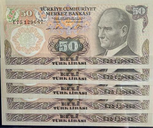 6. Emisyon 50 Türk Lirası - E75 Sıralı Beşli Deste Parçası - (ÇÇT)