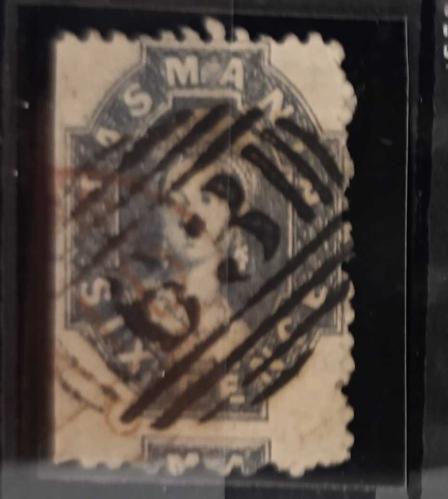 LOT.13 » İngiliz Sömürgesi Tazmanya 1864 Kraliçe Victoria 6 pence gri nadir damgalı pul katalog 1500 tl
