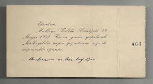 1933 BİR HANIM VE BİR BEY İÇİN MÜLKİYELİLERİN VAPUR GEZİNTİSİ DAVETİYESİ...