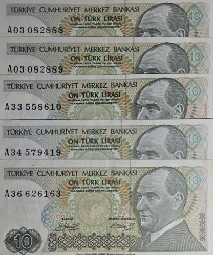 7. Emisyon 10 Türk Lirası - ABCDE serilerinden karışık 31 Adet