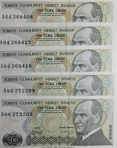7. Emisyon 10 Türk Lirası - ABCDE serilerinden karışık 31 Adet