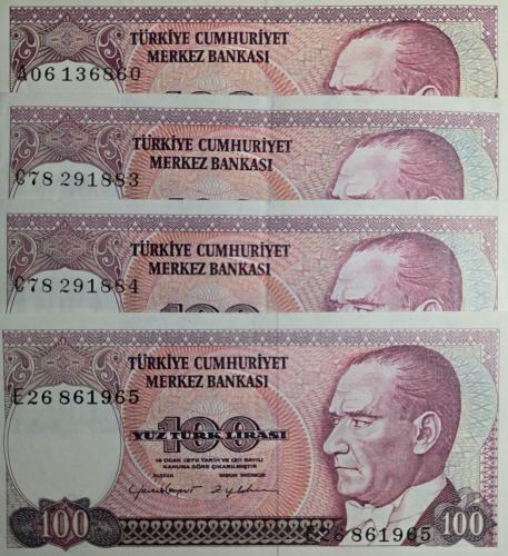 7. Emisyon 100 Türk Lirası - 4 Adet (A Serisi, Sıra Takipli C Serisi, E Serisi) - (ÇT- ÇÇT-ÇA)