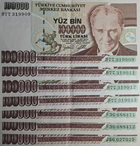 7. Emisyon 100.000 Türk Lirası - Karışık Seri ve Kısmi Ardışık Lot (7 Adet) - (ÇÇT-ÇT)