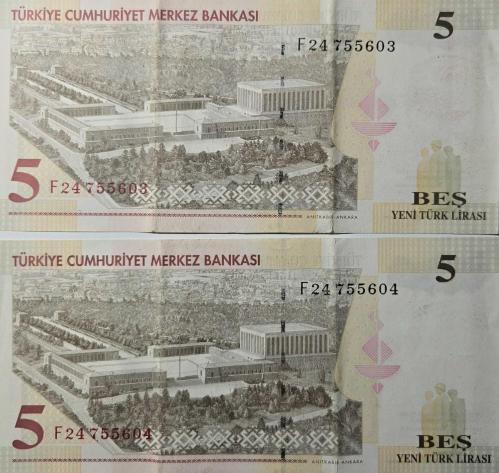 8. Emisyon (YTL) 5 Yeni Türk Lirası - 4 Adet Lot (2 Adedi Seri Takipli)  - (ÇT)