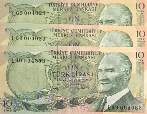 6. Emisyon 10 Türk Lirası - L69 Serisi Lot (3 Adet Güzel uyumlu numaralar) - (ÇÇT)