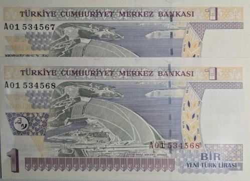 8. Emisyon (YTL) 1 Yeni Türk Lirası - A01 Serisi - 2 Adet Ardışık Lot - ÇİL (UNC)