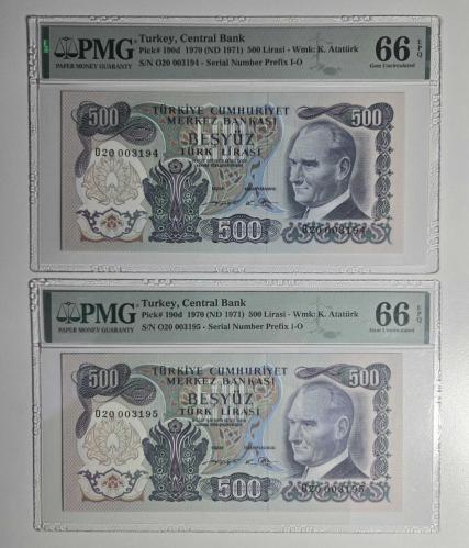 6. Emisyon 500 Türk Lirası - 2 Adet PMG 66 EPQ Sertifikalı Lot - Ardışık Seri ve Sertifika
