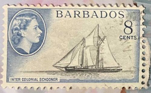 1953.KRALİÇE.GEMİ TEMA..BARBADOS.TEK  PUL DAMGALI.