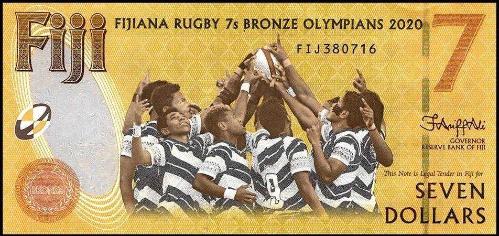 FİJİ 7 DOLAR 2022 P#122b, HATIRA, RUGBY TAKIMININ ZAFERİ,  ÇİL, ESKİ YABANCI KAĞIT PARA