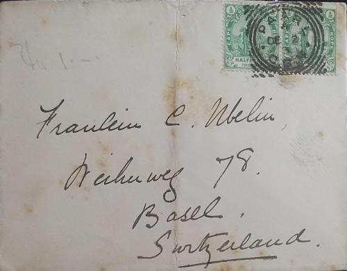 Güney Afrika  1903 Paarl'dan  Basel'e   İsviçre  yollanılmış 1/2p per  pullu ZARF ,Çok Nadir..