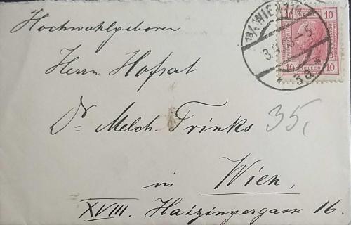 Avusturya  1908 Küçük  ZARF Viyana'da kullanılmış  içinde bir Profesörden tebrik kartı var ,Çok Nadir..