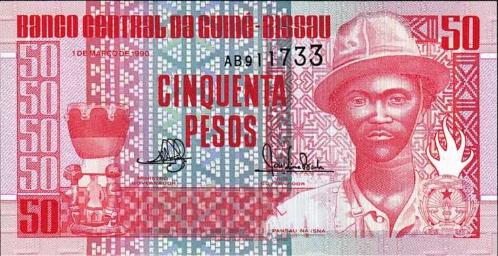 GİNE BİSSAU 50 PESO 1990, P#10, ÇİL, ESKİ YABANCI KAĞIT PARA