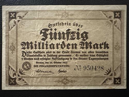 Nadir. Hür Hansa Şehri Bremen 50 Milyar Mark 1923. ÇÇT. Numista Nadirlik Endeksi: 93