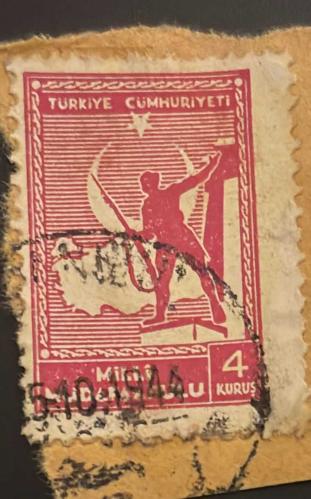 Türk Pulu - Turkish Stamp - Mektup Zarfından Kesilmiş / Postadan Geçmiş Pul Filateli - 1944 DAMGALI - MİLLİ MÜDAFAA TEMALI PUL, 4 KURUŞ - Türkiye Cumhuriyeti - NOSTALJİK DOĞUM GÜNÜ HEDİYESİ