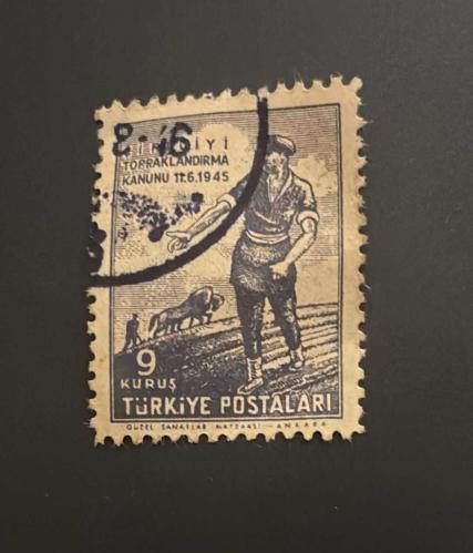 Türk Pulu - Turkish Stamp - Mektup Zarfından Kesilmiş / Postadan Geçmiş Pul Filateli - DAMGALI - ÇİFTÇİYİ TOPRAKLANDIRMA KANUNU 11.6.1945 TEMALI PUL, 9 KURUŞ - Türkiye Cumhuriyeti - NOSTALJİK DOĞUM GÜNÜ HEDİYESİ