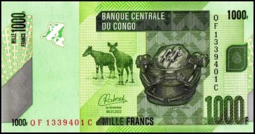 KONGO 1000 FRANK 2022, P#101d, ÇİL, ESKİ YABANCI KAĞIT PARA