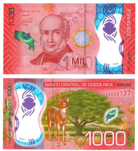 KOSTA RİKA 1000 COLONES 2019 POLYMER, P#280a, ÇİL, ESKİ YABANCI KAĞIT PARA