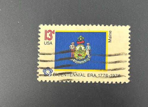Amerika Birleşik Devletleri Pulu - Unıted States Stamp - Postadan Geçmiş Pul Filateli - Damgalı - Eyalet Bayrakları Serisi - Maine - Amerika Birleşik Devletleri'nin 200. Yıl Dönümü, 1776-1976 Temalı Pul  - YABANCI PULLAR-NOSTALJİK DOĞUM GÜNÜ HEDİYESİ