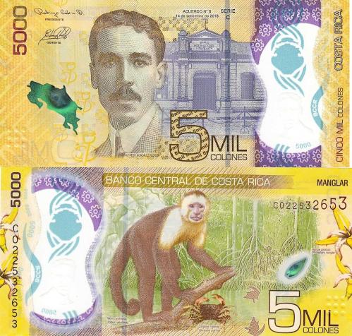 KOSTA RİKA 5000 COLONES 2018 POLYMER, P#282, ÇİL, ESKİ YABANCI KAĞIT PARA