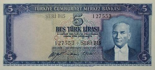 5. Emisyon 1. Tertip 5 Türk Lirası - SERİ B15 127553 ( İngiltere Baskı Değerli Seri) - (ÇÇT) Düzeltilmiş