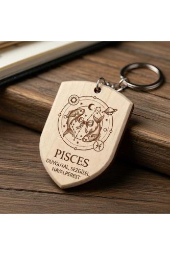Balık Pisces Burcu Ahşap Anahtarlık Takımyıldızı İsim Yazılabilir