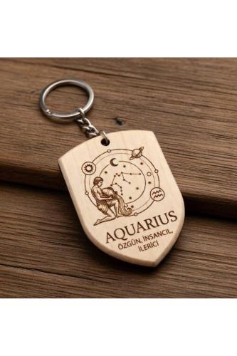 Kova Aquarius Burcu Ahşap Anahtarlık Takımyıldızı İsim Yazılabilir