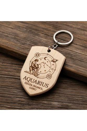 Kova Aquarius Burcu Ahşap Anahtarlık Takımyıldızı İsim Yazılabilir