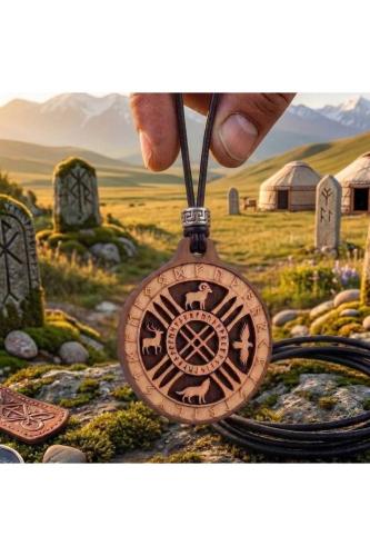 Göktürkçe Ahşap Erkek Kolye Şaman Tengri Rün ve Totem Sembollü Hayvan Totemleri