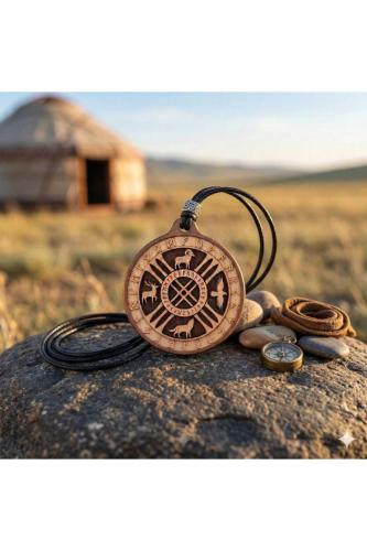Göktürkçe Ahşap Erkek Kolye Şaman Tengri Rün ve Totem Sembollü Hayvan Totemleri
